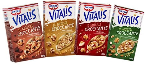 Cameo Vitalis Mix Muesli Croccante Fiocchi di Avena Miele Frutta Secca Double Chocolate Mix di Frutta 310g [4 Confezioni]
