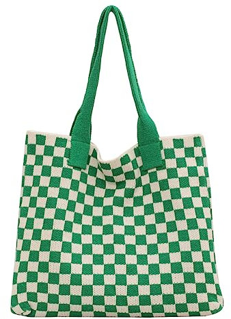 JJzex Damen-Umhängetasche mit Schachbrettmuster, handgefertigt, großes Fassungsvermögen, karierte Umhängetasche, Geschenke for Mädchen, Einkaufstasche (Blau)