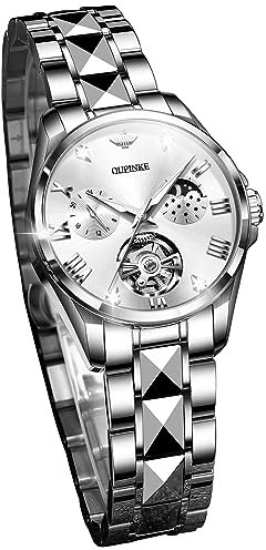 OUPINKE Damen-Automatikuhr, luxuriös, Diamant-Schwungrad, zweifarbig, Edelstahl, Wolframstahlband, Mondphase, 24 Stunden, 3202: Silbernes Band und weißes Zifferblatt, Classic