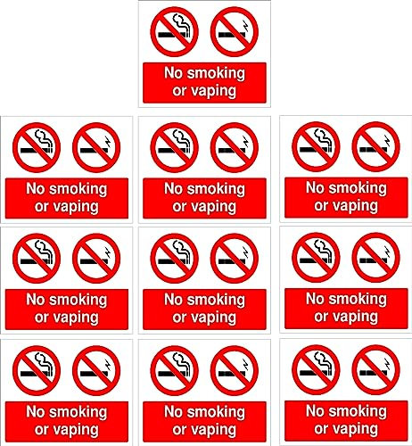 1,2,6,10PK Panneau interdiction de fumer ou de vapoter – 20 x 15 cm autocollant « Interdiction de fumer » pour restaurants, magasins et zones publiques (10)