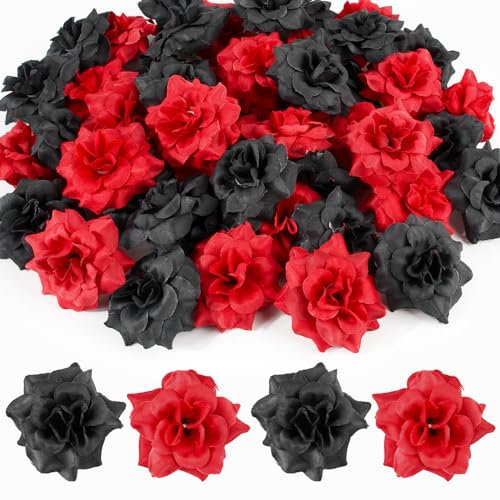 48 Stück Künstliche Blumenköpfe Kunstblumen Rosenköpfe Künstlich Blütenköpfe Verzierung Handwerk Blumen für Halloween Party Hochzeit Dekoration (Schwarz+Rot)