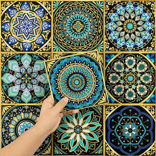 Hode Kitchen Bathroom Tile Stickers Stick on Tiles, Sticky Back Peel and Stick Self Adhesive Wall, Vinyl Waterproof Green Gold Moroccan, 24pcs 15x15cm