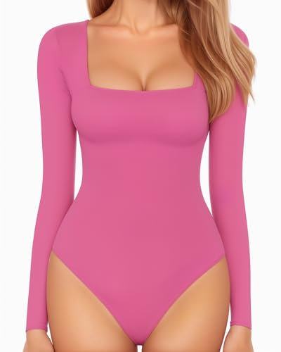 MANGOPOP Body ajusté à manches longues et col carré pour femme, rose poudré, Medium