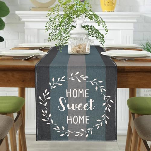 Tischläufer Blau Leinen Modern 33 x 183 Schwarz Grau Petrol Tischläufer Dekoration Vintage Streifen Muster Scheune Retro Tischmatten Läufer Set für Esstisch Party Hochzeit Tischdecke