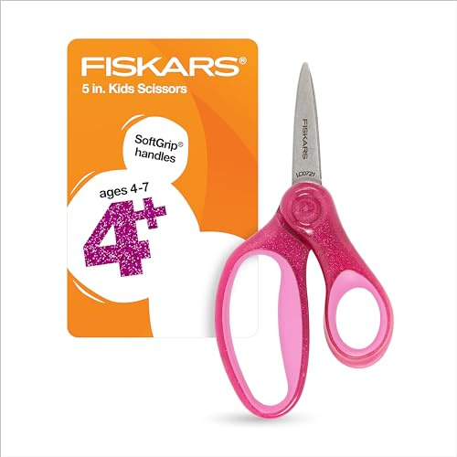 Fiskars 5 SoftGrip Pointed-Tip Glitter Scissors for Kids Ages 4-7, Scissors for School or Crafting, Back to School Supplies, Pink