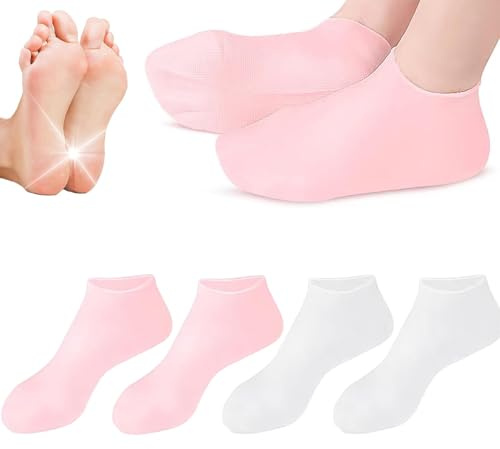 2Pairs Silicone Socks, Silicone Moisturizing Socks, Silicone Socks for Dry Cracked Feet Women, Women's Spa Pedicure Socks for Repairing and Softening Dry Cracked Feet Skins (Pink+White)