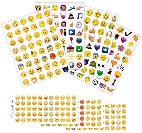 12 Blatt Emoji Sticker Smiley Aufkleber Klein Smiley Sticker mit 8 Blatt Emoji Stempel Cartoon Druckerpapier Anreizaufkleber für Kinder Emoji-Belohnungen für Lehrer Scrapbook Dekoration