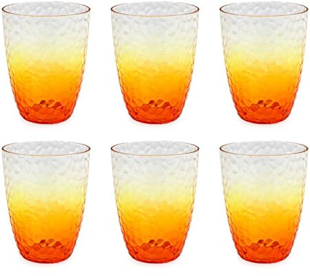Carousel Home Pack of 6 Orange Ombre Embossed Plastic Tumbler Glasses | Set of 6 Plastic Drinking Glasses Clear Plastic Glasses | Reusable Drinkware Outdoor Drinks Glasses - 400ml