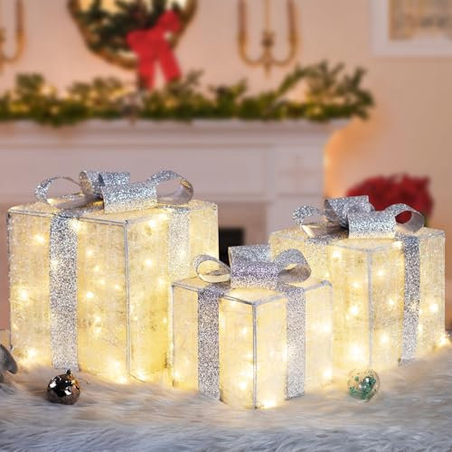 Quntis 3 Set LED Geschenkbox Weihnachten, Weihnachtsdeko Innen Strombetrieben, 117 warmweiße LEDs, 30CM Großer beleuchtete Boxen, Lichterdeko Geschenkpakete für Weihnachtsbaum Fensterbank Garten