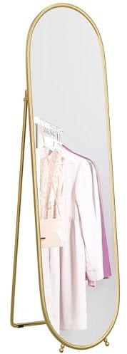 HOMCOM Ganzkörperspiegel, 160 x 40 cm Wandspiegel mit Ständer, Metallrahmen, Oval Standspiegel für Wohnzimmer, Schlafzimmer, Gold