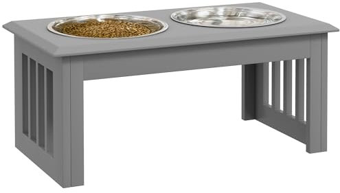 PawHut Raised Dog Bowl Feeding Bowls with Stand for Medium Dogs Elevated Pet Bowls Water Food Feeder 58L x 31W x 25H cm - Grey