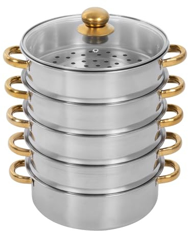 26/28/30 cm, 5 niveles, olla a presión de acero inoxidable, olla con cubierta de cristal, color dorado y plateado, olla de vapor adecuada para cocinas de gas, placas de inducción y ollas de barro