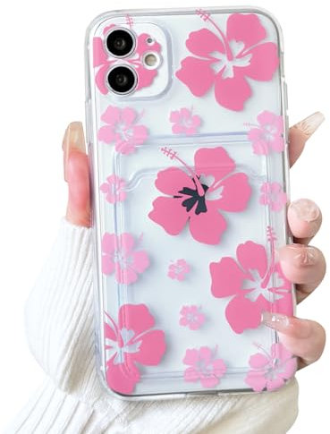 NITITOP Compatible with iPhone 12 Mini Case Clear with Card Holder Cute Pink Floral Pattern for Women Girl Flower Design Soft TPU Shock-absorbing Wallet Case Protective Phone Cover - Pink