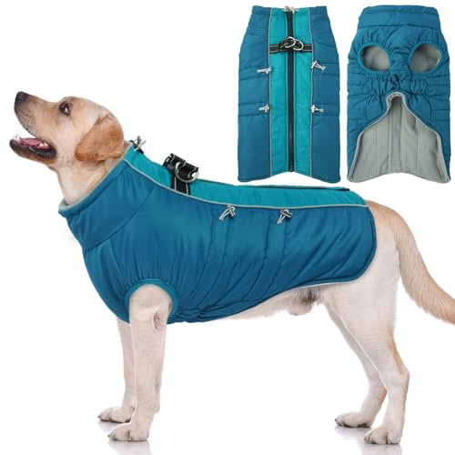 Hjyokuso Hundemantel Wasserdicht, Hundejacke Winter, Hundemantel Mit Geschirr Für Kleine Mittelgroße Grosse Hunde, Winddichte Wintermantel Hund Mit Reflektorstreifen Und ReißVerschluss - XL
