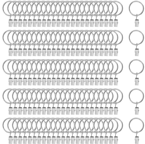 KEILEOHO 120 Stück 32mm Gardinenringe mit Clips, Metall Vorhang Ringe mit Clips, Silber Gardinenklammern mit Ringen Gardinen Ring