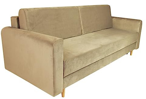 MG Design Schlafsofa mit Bettkasten 191x61 cm (Liegefläche 195 x 145 cm) – mit Armlehnen, Zwei Kissen – Stoff: Velour, Farbe Beige – Sofa 3 Sitzer, leicht abwischbar, für Wohnzimmer/Gästezimmer