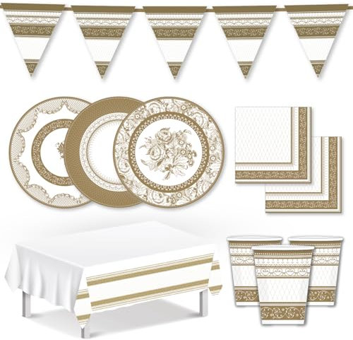 Talking Tables Gold and White Party Pack Decorations for 16 Guests Dinnerware Christmas Afternoon Tea Party Supplies Reversible Bunting Paper Plates Disposable Napkins Paper Cups Table Cover
