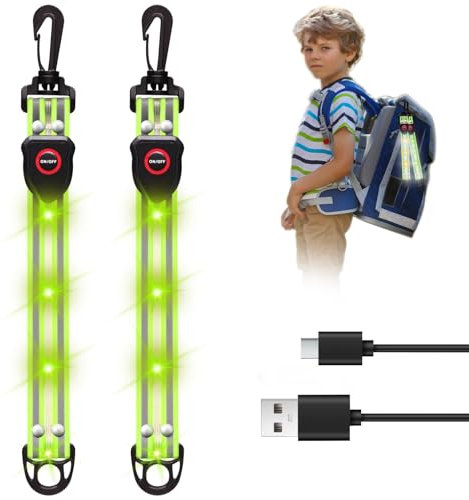LED Blinklicht Schulranzen - USB Aufladbar Sicherheit Licht für Kinder Schulranzen - 2 Stück Reflektor Reflektoren Anhänger für Rucksack Roller Kinderwagen (Grun)