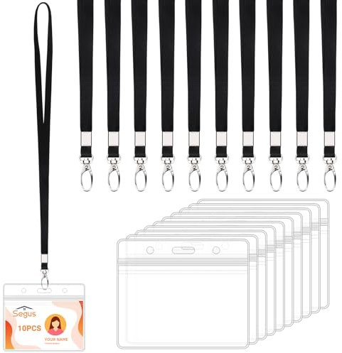 Segus Porte Badge Tour de Cou, 10 Pièces Lanyards avec Porte Badge Horizontal, Transparent et Imperméable, Cordon Tour de Cou avec Clip en Métal, pour École, Hôpital, Usine (Noir)