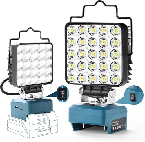 Tumnatt Akku Lampe Für Makita 18/21V,48W4800LM Kabellose Led Arbeitsleuchte mit 25 ultrahellen LED-Perlen, Hervorragende Wärmeableitung, LED Strahler mit Typ C und USB-Aufladung (kein Akku)