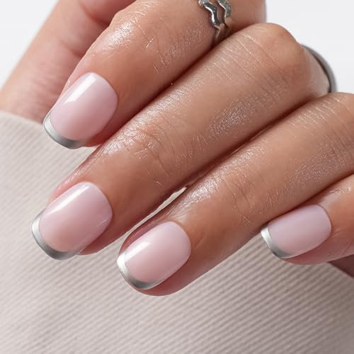 24PCS Pink Nude French Tip Press on Nails – Short Square Shape with Silver Edge, Full Cover Reusable Acrylic Glue-On Nails for Women & Girls, Handmade Nail Tips in Multiple Sizes
