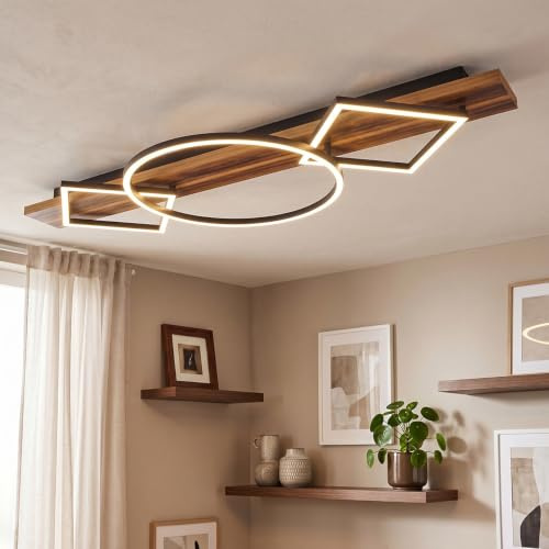 HOFSTEIN LED Deckenleuchte Pompu, Deckenlampe aus Metall/Holz/Kunststoff in Schwarz/Holz dunkel/Weiß, 3000 Kelvin, moderne Leuchte mit Holzbalken für Schlafzimmer, Esszimmer, Wohnzimmer, Küche, Flur
