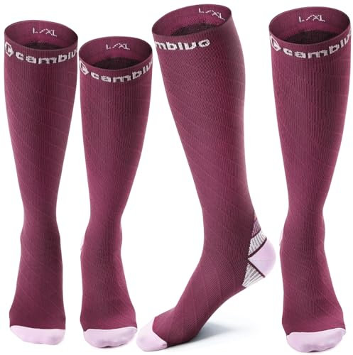 CAMBIVO Bas de Contention Femme et Femmes 2 Paires, 20-30mmHg Chaussettes de Contention, Chaussettes de Compression Antidérapantes pour Voyage Avion, Sport, Running, Circulation Sanguine