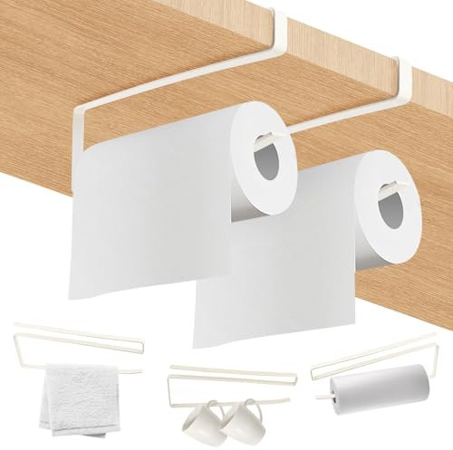 Porte Rouleau Papier Cuisine,2pcs Porte Essuie Tout Cuisine sans Perçage, Supports pour Papier Essuie-Tout, Dérouleur Porte Rouleau de Cuisine Mural pour Cuisine, Salle de Bain, Placards-Blanc
