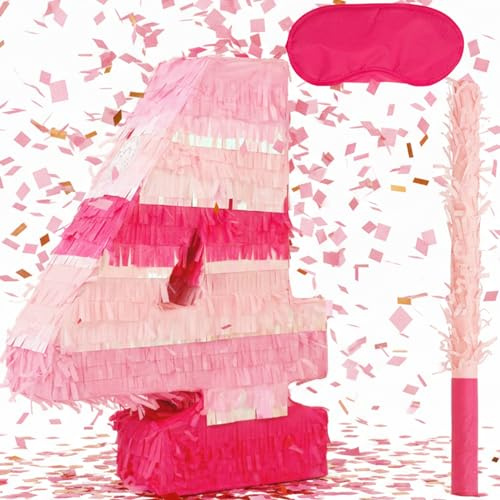 Birchio Rosa Zahlen-Piñata-Set mit Augenbinde und Fledermaus (41 x 29.5 x 10 cm), Piñata mit der Zahl 4, perfekt für Geburtstagsfeiern, Mädchenpartys und als Dekoration