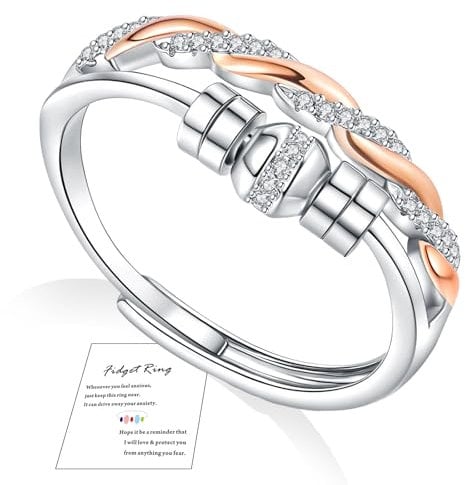 FUNTE® Rose Gold Anxiety Rings for Women 925 Sterling Silver Fidget Rings Adjustable Rose Gold Ring Thumb Rings for Stress Relief Five Spinner Beads Rings Twist Cubic Zirconia Ring