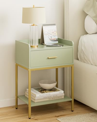 HEYZOEY Nachttisch Grün, 3-Tier modern Nachttisch Nachtschrank mit Schublade und Regal, Kleiner Beistelltisch für Schlafzimmer, Wohnzimmer, Grün(ohne Steckdose)