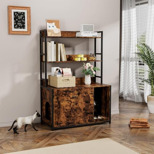 RBFGYIOP Katzenschrank, Vintage Katzenklo Schrank Versteckt, Mit Großem Regal Und Kratzbrett Für 2 Katzen, Stabiles Katzenhaus Für Wohnzimmer Schlafzimmer, Braun 132x45x90 cm