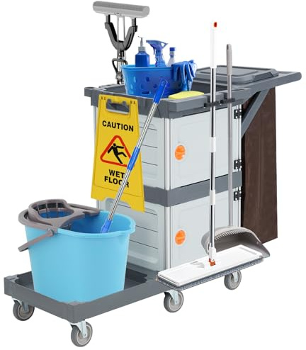 Carro de Limpieza Comercial,Carro Limpieza Profesional para Hoteles y Hospitales con Estantes, Carro de Servicio con 6 Ruedas y Bolsa de Vinilo para Oficina y Hotel, Capacidad de 300 LB
