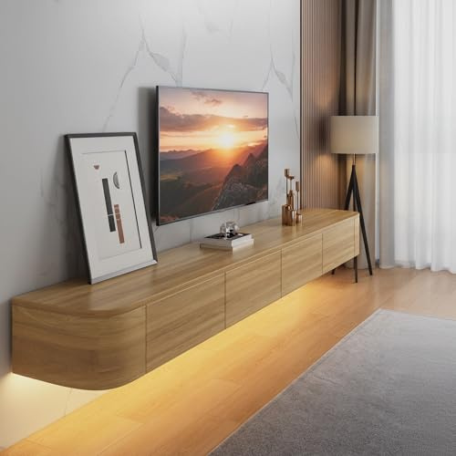YINXSLO Floating TV Unit with Drawer, Pine Wood Wall Mounted TV Cabinet | Pre-Assembled Floating TV cabinet, Modern Media Wall Unit for Living Room, Space-Saving Floating TV Stand