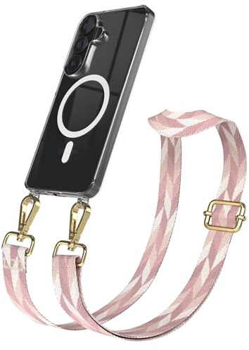 EAZY CASE Handykette - Verstellbares Taschenband kompatibel mit Galaxy S26, Schulterriemen, Handykordel mit Silikon Hülle, Qi Charging kompatibel, Umhängetasche, Rosa Mix Gold