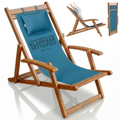 Juskys® Sonnenliege Tavira Petrol - Klappbar, 3-Fach verstellbare Rückenlehne, mit abnehmbarem Kopfpolster, wetterfest, geöltes Akazienholz, 6 kg