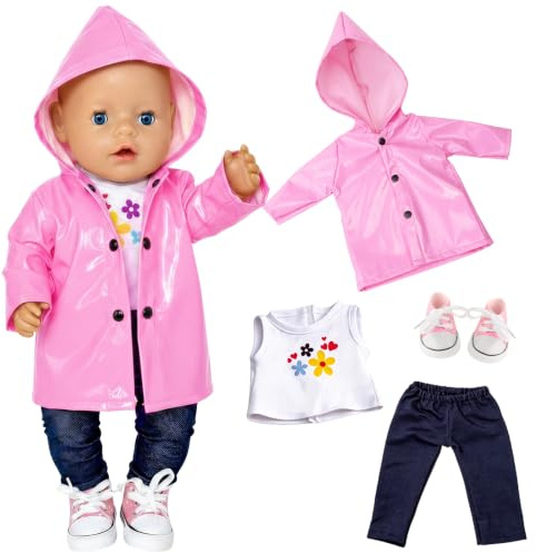Baby Puppen Kleidung 43cm für Newborn Baby Puppen，Rosa Regenmantel Puppenkleidung mit T-Shirt Hose Schuhe für 14-18 Zoll Baby Puppen Zubehör Geschenke für Kinder