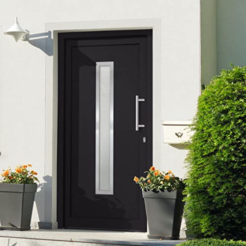 Kaloriko Porta di casa antracite con vetro isolante, 98 x 208 cm, telaio in PVC, soglia in alluminio, chiusura a 5 punti, porta di sicurezza per ingresso e ingresso laterale, isolamento termico e