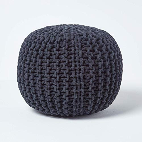 Homescapes Pouf Strickpouf rundes Bodenkissen, Sitzpouf 35 x 40 cm, gepolsterter Sitzhocker, Sitzpuff/Puff mit grob gestricktem Bezug aus 100% Baumwolle, Strickpuff, schwarz