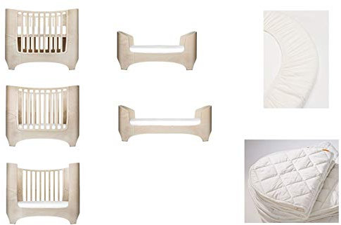 white wash Leander Baby- und Kinderbett + 1 Set (= 2 Stück) Original-Spannbetttücher in der Babygröße + 1 Matratzenauflage in der Babygröße