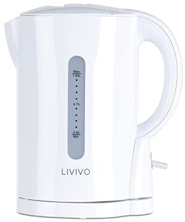 LIVIVO 1L Cordless 900W Kettle Compact for Travel, Guest Room, Office Makes 4 Cups of tea & coffee - Boil Protection & Auto Shut off [Energy Class A+] (White)