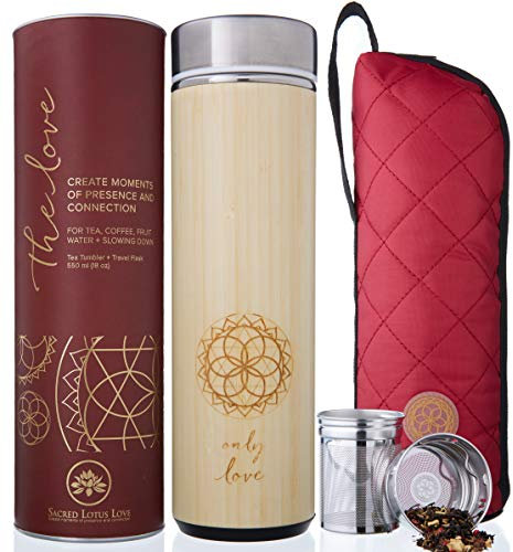 Insulated Bamboo Tea Travel Tumbler with Infuser, Strainer & Sleeve - For Hot Coffee or Cold Tea, Stainless Steel Coffee Mug, Ideal Tea Gift Set for Tea Lovers, Keeps Beverages Hotter for Longer