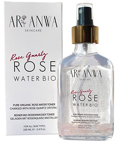 Bio Rosenwasser in Glasflasche mit Rosenquarz-Kristallen - Reinigt porentief, erfrischt & verleiht strahlendes Hautbild | Alkoholfreies Gesichtwasser für Gesicht, Körper & Haare