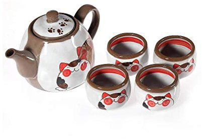 lachineuse Maneki Neko - Juego de té japonés con Tetera y 4 Tazas de Porcelana - Idea de Regalo japonés Kawaii Lindo para cumpleaños, Navidad - Vajilla Japonesa Asia