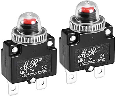 Sourcingmap Lot de 2 disjoncteurs thermiques 7 A 125/250 V AC 32 V CC avec bouton poussoir de réinitialisation et protection contre les surcharges avec capuchon étanche