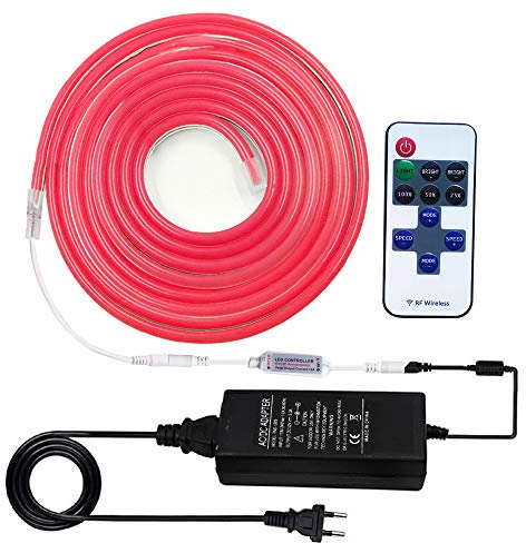 XUNATA Luce al Neon a LED Dimmerabile con Telecomando, 5m Striscia LED Flessibile + Telecomando 11 tasti + Alimentatore Trasformatore 12V Spina EU- Rosso