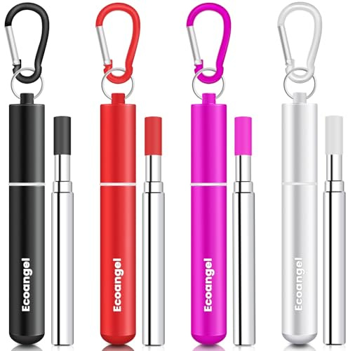 Ecoangel Cruise Ship Essentials, Reusable Metal Straws (4 Pack) | Collapsible Travel Drinking Straws with Cases, Stainless Steel Straws, Cruise Must Haves with Silicone tips for Gifts