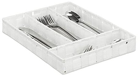 Relaxdays Besteckkasten, Schubladeneinsatz mit 4 Fächern, für Küchenbesteck, geflochten, HxBxT 4,5 x 26 x 36 cm, weiß