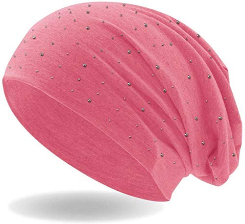 Hatstar Damen Beanie Mütze | mit edler Strass Nieten Applikation | Mädchen Mütze | elastisches Slouch Long Beanie | leicht und weich (Light pink)