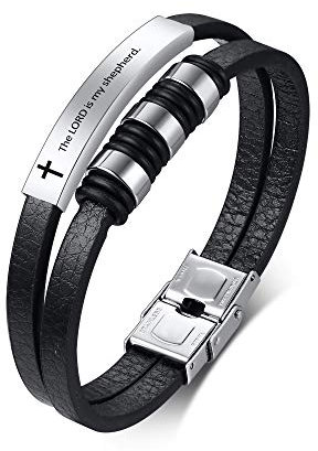 Bibel Vers Religiöses Armband, Angepasst Gravur Christian Kreuz Jesus PU Leder Armbänder für Männer Inspirierende Manschette Armreif Schmuck Geschenk für Weihnachten Geburtstag Jubiläum, Silber